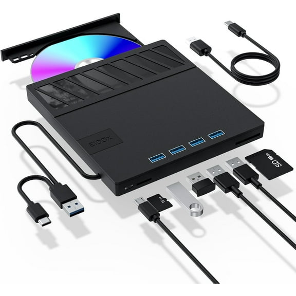 AUBEAMTO External CD/DVD Drive for Laptop 7-in-1USB Portable CD/DVD Player Burner, High-Speed External Disk Drive with SD/TF Card Reader, 4 USB 3.0 Ports, Compatible with Windows 11/10, Linux, Mac