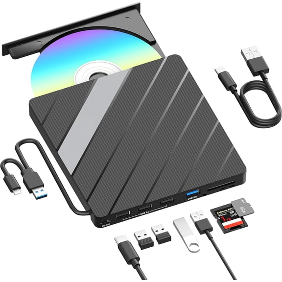 AUBEAMTO External CD DVD Drive USB C USB 3.0, Portable CD DVD +/-RW Burner DVD Player for Laptop 8 in 1 Hub with SD/Micro SD Card Reader Compatible with Laptop Mac PC Windows Linux