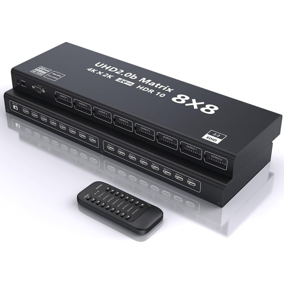 AUBEAMTO HDMI Matrix 8x8 4K@60Hz Video Matrix 8 in 8 Out Seamless Switcher&Splitter Combined 3 Modes with Charging Head IR Remote Support HDMI2.0 RGB888/YUV444 RS232 Panel Key HDCP2.2 HDR10 3D etc