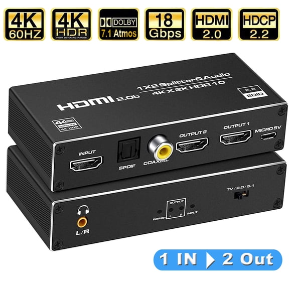 AUBEAMTO HDMI Splitter Audio Extractor, 1 in 2 Out HDMI Splitter with 3.5mm Audio Jack + Coaxial + Optical Toslink SPDIF for Dual Monitors Duplicate/Mirror Only, Support HDMI 2.0 1080P/ 3D/ 4K