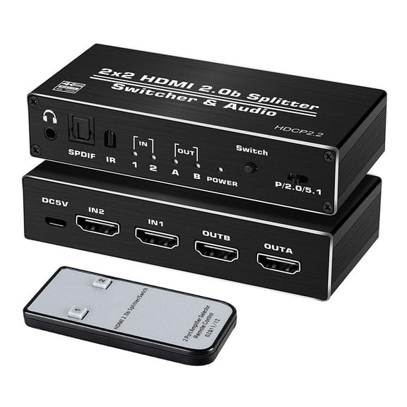 AUBEAMTO HDMI Switch 2x2, 2 Ports HDMI Switch Splitter 2 in 2 Out with IR Remote Control,AUBEAMTO Support HDMI 2.0, HDCP 2.2, Ultra HD, 4K x 2K@60Hz, 3D, 1080P (Dual Monitors Duplicate/ Mirror Only)