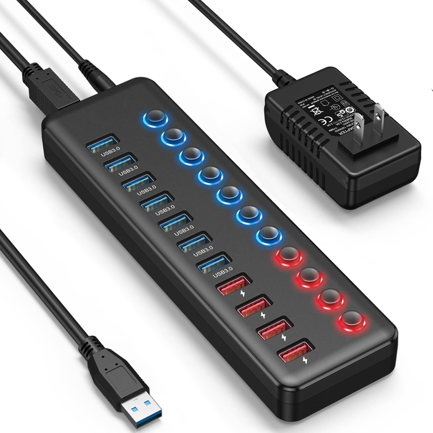 AUBEAMTO Powered USB 3.0 Hub, 11-Port USB Hub Splitter (7 Faster Data Transfer Ports+ 4 Smart Charging Ports) with Individual LED On/Off Switches, USB Hub 3.0 Powered with Power Adapter for Mac, PC