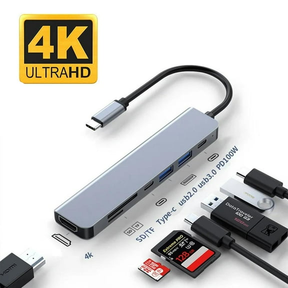 AUBEAMTO USB C Hub HDMI Adapter SD/TF Card Reader 7-in-1 USB-C Multiport USB 3.0, USB 2.0, Type C 100W PD Charging, USBC Adaptator Dongle Dock Converter for Apple Macbook Pro, USB-C Laptop Computer