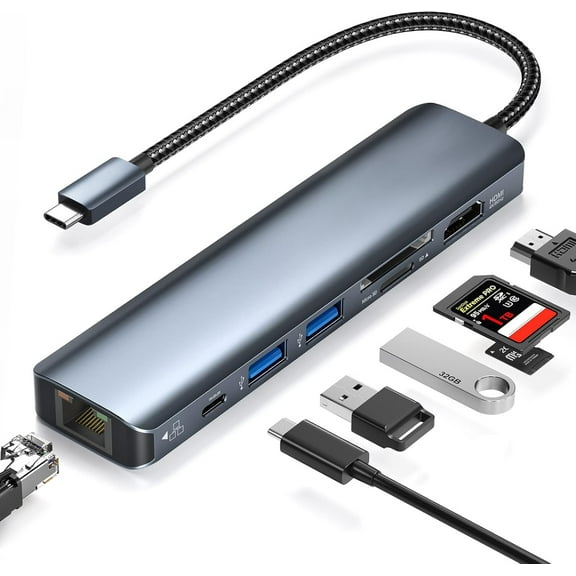 AUBEAMTO USB Hub 3.0, 7 in 1 USB Hub with 1000M Ethernet, 4K HDMI, 2 USB3.0, 100W PD, SD/TF Card Reader Docking Station Compatible with Your Cell Phone MacBook/Surface/Laptops, Computers