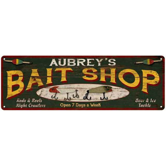 AUBREY'S Bait Shop Sign Wood Look Man Cave Den Gift 6x18 Metal 206180024498