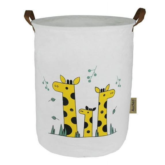 AUCHEN 19.7" Collapsible Laundry Basket, Foldable Cotton Linen Laundry Hamper for Baby Girl Boy, Large Capacity Basket with Handles Bag Dirty Clothes Toy Storage Basket Bin ( Round - 3 Giraffe )