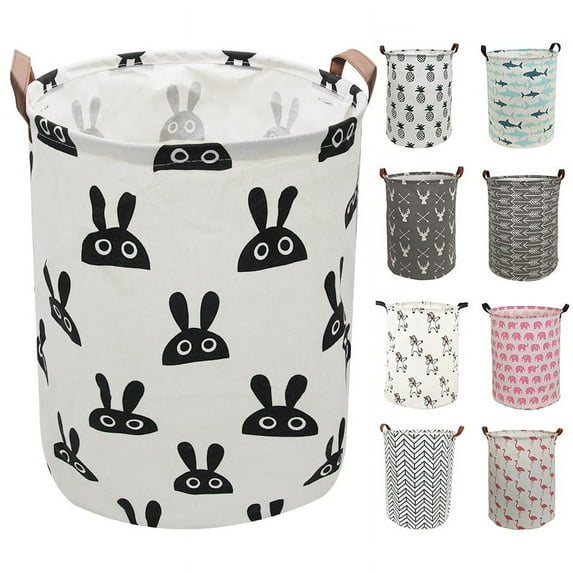 AUCHEN Laundry Hamper, Large Waterproof Cotton Fabric Laundry Baskets with 2 Handles - 19.7"Hx 15.7"Wx 15.7"L - Dirty Clothes, Kids Baby Toys Organizer (Round - Black Rabbit)
