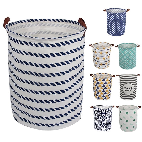 AUCHEN Laundry Hamper, Large Waterproof Cotton Fabric Laundry Baskets with 2 Handles - 19.7"Hx 15.7"Wx 15.7"L - Dirty Clothes, Kids Baby Toys Organizer(Round - Blue Line)