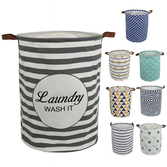 AUCHEN Laundry Hamper, Large Waterproof Cotton Fabric Laundry Baskets with 2 Handles - 19.7"Hx 15.7"Wx 15.7"L - Dirty Clothes, Kids Baby Toys Organizer (Round - Gray Stripe)