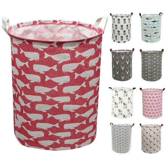 AUCHEN Laundry Hamper, Large Waterproof Cotton Fabric Laundry Baskets with 2 Handles - 19.7"Hx 15.7"Wx 15.7"L - Dirty Clothes, Kids Baby Toys Organizer (Round - Pink Whale)