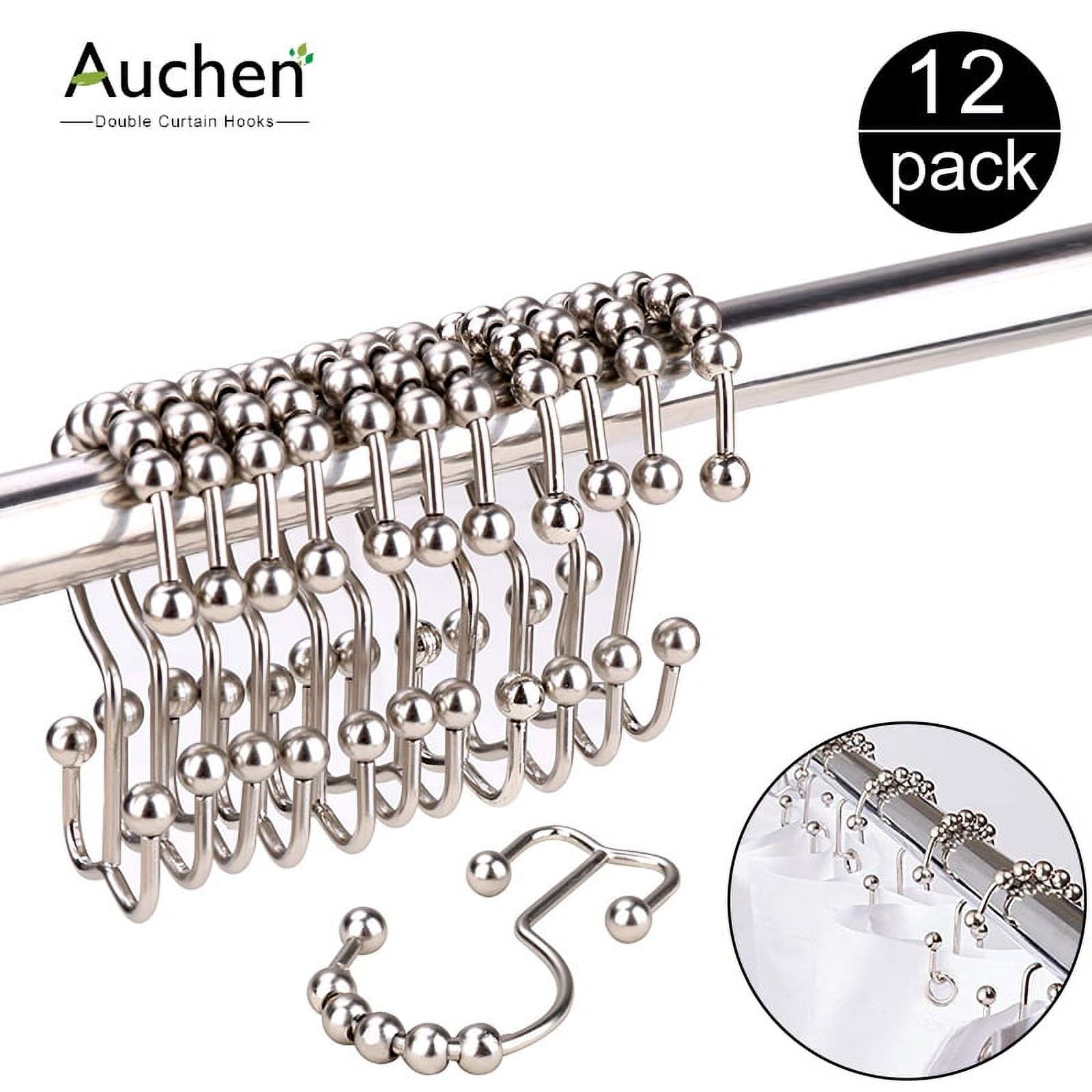 Auchen New Upgraded Set of 12 Shower Curtain Hooks,Stainless Steel Metal Double Curtain Rings for Shower Rods Curtains-Premium 18/8 Stainless Steel
