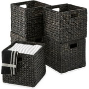 AUCHI  13x13in Hyacinth Baskets, Rustic Set Of 5 Multipurpose Collapsible Storage Organizer, Handwoven Laundry Totes for Bedroom, Living Room, Bathroom, Shelves - Black