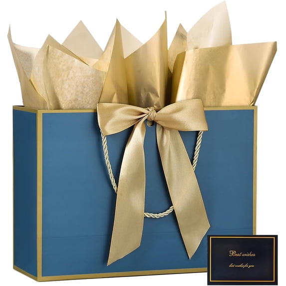 AUCLAY 3 Pcs 12.6" Large Gift Bags with Handles Tissue Paper and Cards (Blue with Gold Trim)