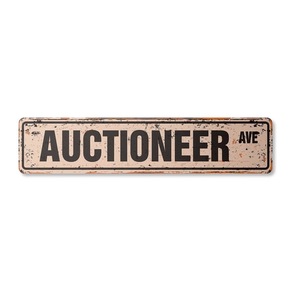 AUCTIONEER Vintage Aluminum Street Sign novelty auction gavel antique real rustic metal tin | Indoor/Outdoor | 18" Wide