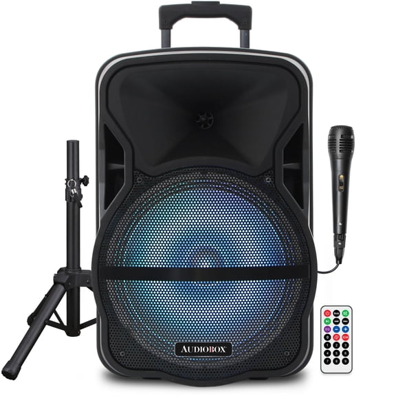 Audiobox 12" Portable PA Bluetooth Speaker with Stand, Wired Microphone, LED Lights, USB, AUX, FM, Rechargeable Battery, Wireless Audio  Includes Mic, Stand, and Remote