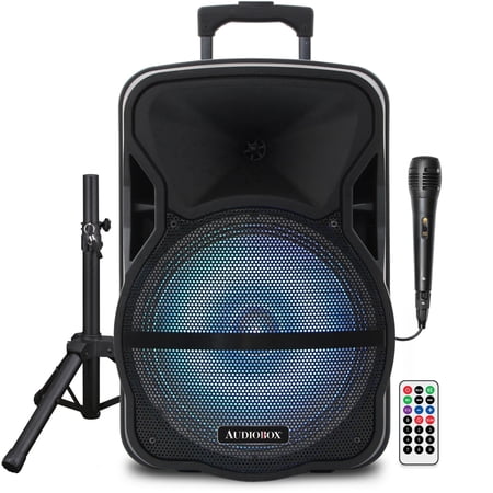 Audiobox ABX-12S 12" Portable Bluetooth PA Speaker w/Stand & Mic, USB, TF, FM, AUX, 1/4" Mic Jack, Rechargeable Battery, Trolley Handle & Wheels, Perfect for DJ, Parties, & Events