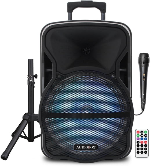 Audiobox ABX-12S 12" Portable Bluetooth PA Speaker w/Stand & Mic, USB, TF, FM, AUX, 1/4" Mic Jack, Rechargeable Battery, Trolley Handle & Wheels, Perfect for DJ, Parties, & Events