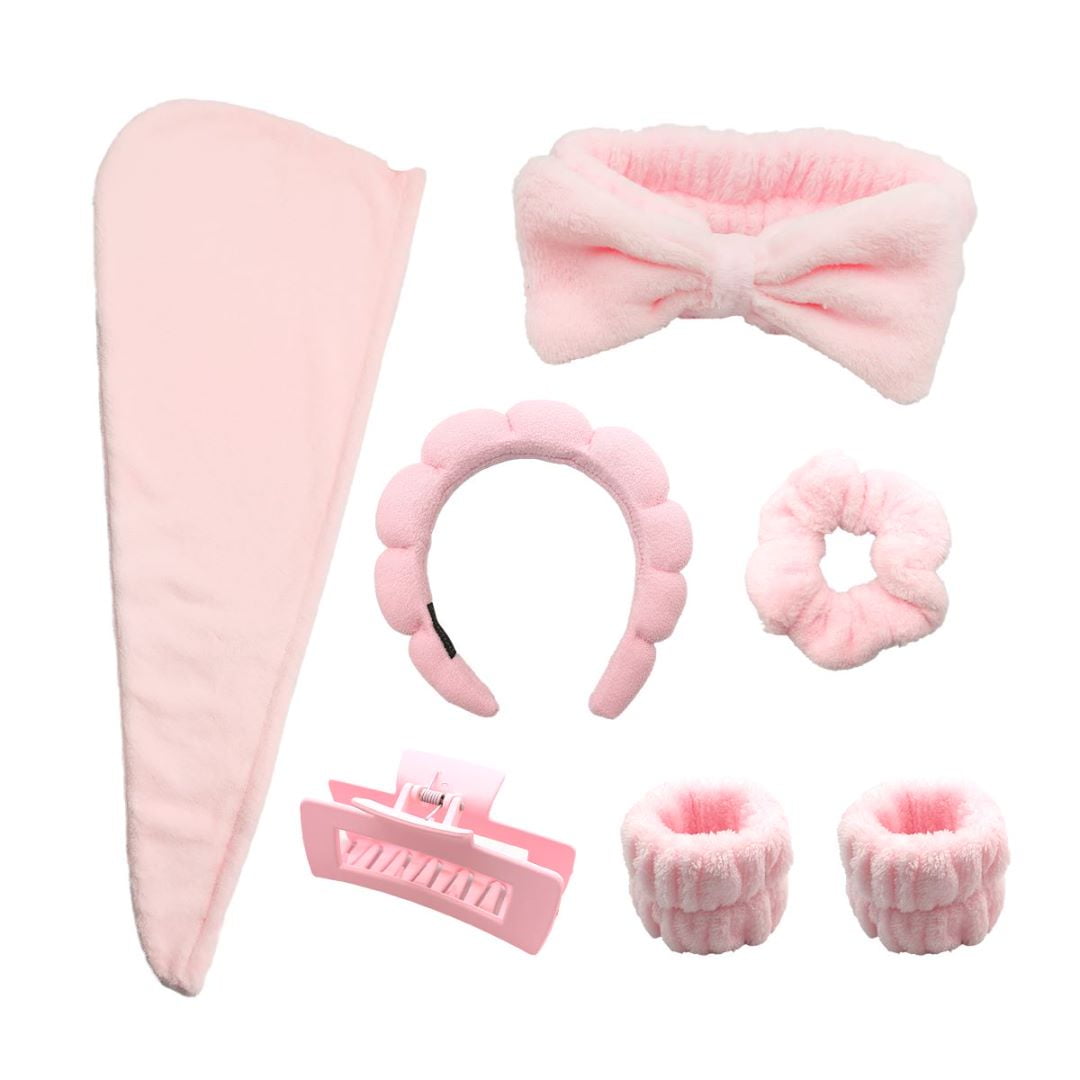 NO AUDTOPE 7Pcs Hairband and Wristband Set, Pink Foam Cloth Spa Headband and Wristband for Women, Face Washing, Makeup, Sponge Headbands for Shower Hair Styling with Hair Claw Clips and Bow Tie