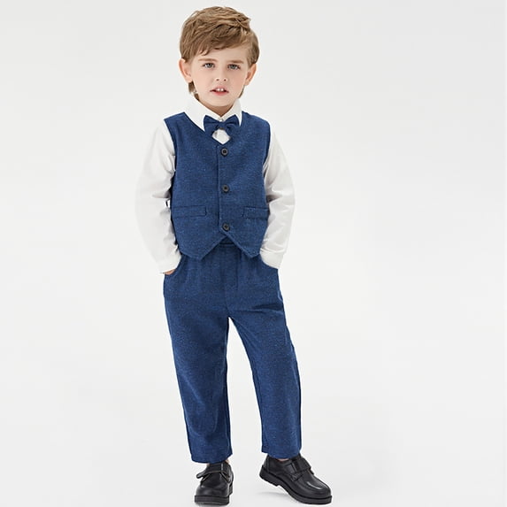 AUDeals Baby Boy Formal Wedding Party Outfit Set Long Sleeve Dress Shirt Vest Pants Bow Tie Toddler Little Gentleman Suit Clothes (Blue, 5-6 Years)