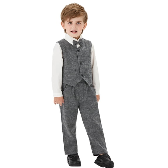 AUDeals Baby Boy Formal Wedding Party Outfit Set Long Sleeve Dress Shirt Vest Pants Bow Tie Toddler Little Gentleman Suit Clothes (Grey, 18-24 Months)