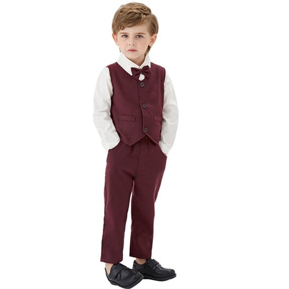 AUDeals Baby Boy Formal Wedding Party Outfit Set Long Sleeve Dress Shirt Vest Pants Bow Tie Toddler Little Gentleman Suit Clothes (Red, 12-18 Months)