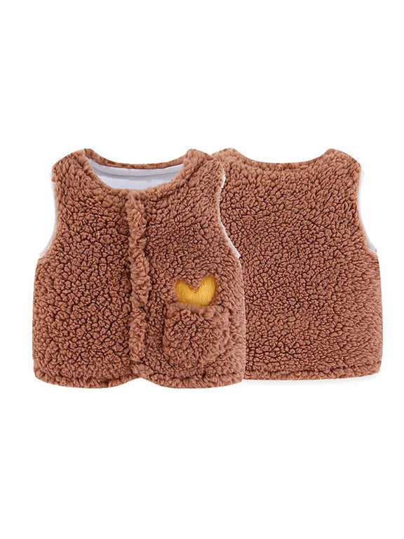 Baby Infant Sherpa Fleece Vest with Pockets, Cute Heart Graphic Warm Sleeveless Jacket, Soft Fuzzy Outerwear for Boys Girls (Brown, 12-18 Months)