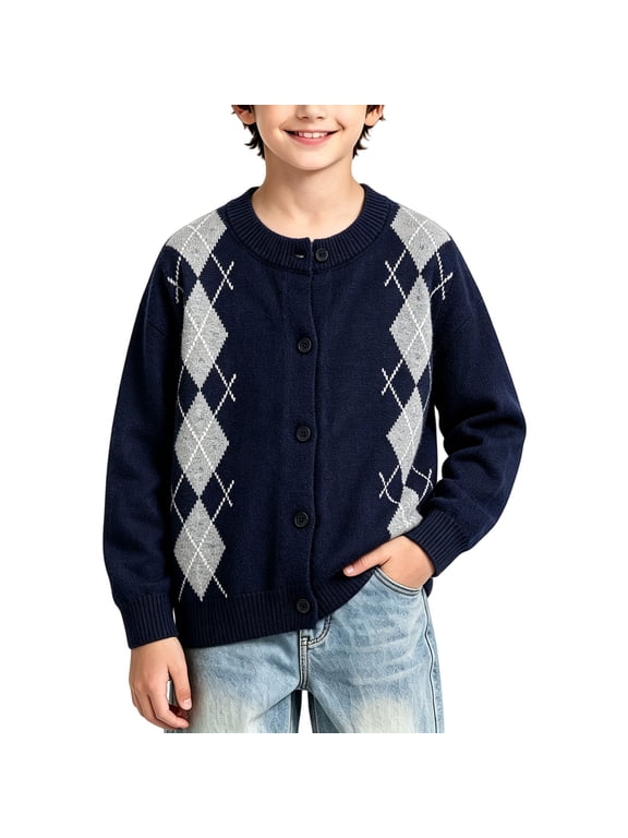 Boys Cardigan, Toddler Boys Argyle Pattern Button Knit Cardigan, Classic Crewneck Casual Knitted Sweater Jacket for Kids Boys (Navy, 6-12 Months)