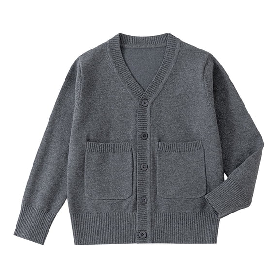 AUDeals Boys Girls Knit Cardigan V-Neck Long Sleeve Button Sweater Knitted Cotton School Uniform Preppy Fall Ribbed Sweater Jacket Tops (Dark Gray, 5-6 Years)
