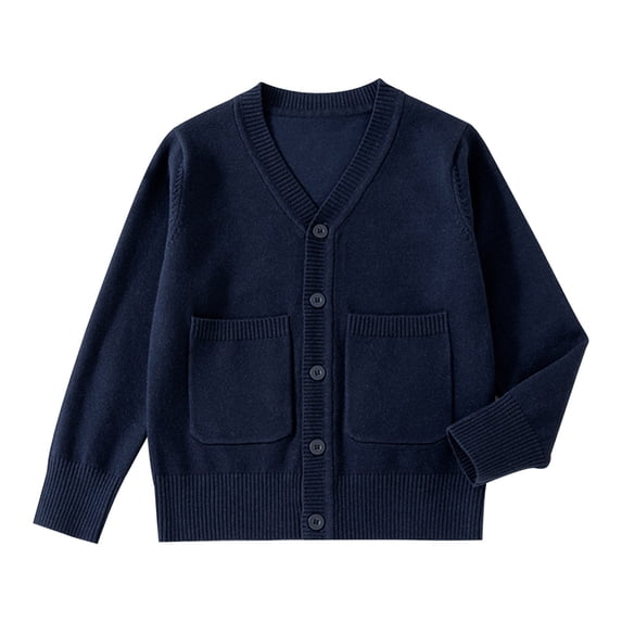 AUDeals Boys Girls Knit Cardigan V-Neck Long Sleeve Button Sweater Knitted Cotton School Uniform Preppy Fall Ribbed Sweater Jacket Tops (Navy, 3-4 Years)
