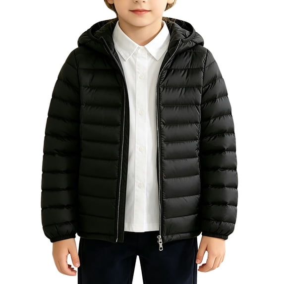 AUDeals Boys Girls Packable Puffer Jacket, Kids Hooded Lightweight Coat with Storage Bag, Warm Windproof Polyester Outerwear (Black, 11-12 Years)