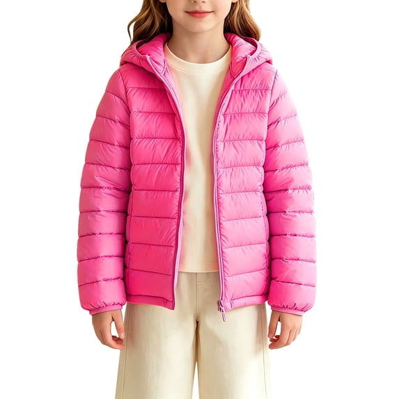 AUDeals Boys Girls Packable Puffer Jacket, Kids Hooded Lightweight Coat with Storage Bag, Warm Windproof Polyester Outerwear (Hot Pink, 13-14 Years)
