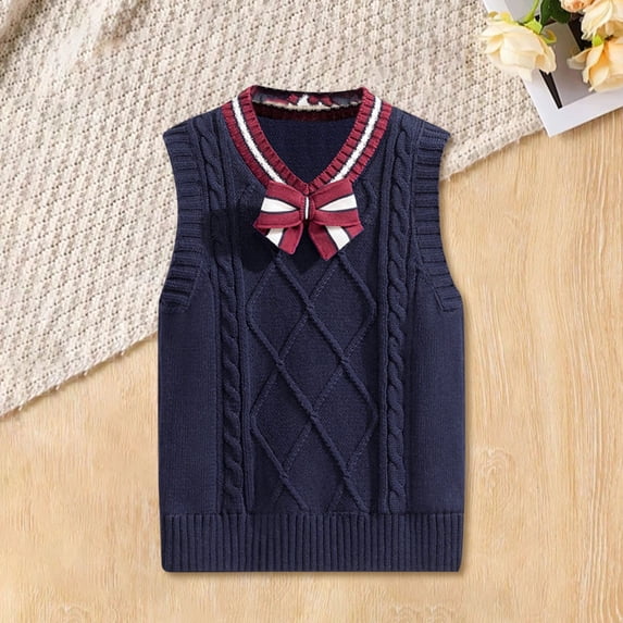 AUDeals Boys Girls School Uniform Knit Sweater Vest with Bowknot, V Neck Sleeveless Preppy Pullover, Fall Winter Fashion Kids Clothes (Navy, 9-10 Years)