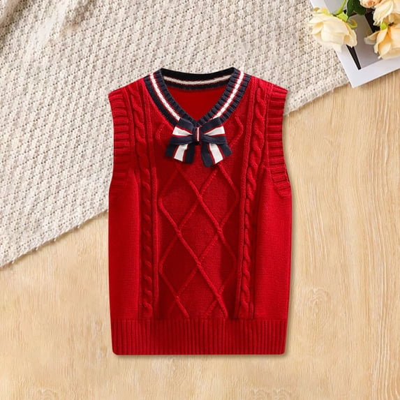 AUDeals Boys Girls School Uniform Knit Sweater Vest with Bowknot, V Neck Sleeveless Preppy Pullover, Fall Winter Fashion Kids Clothes (Red, 13-14 Years)