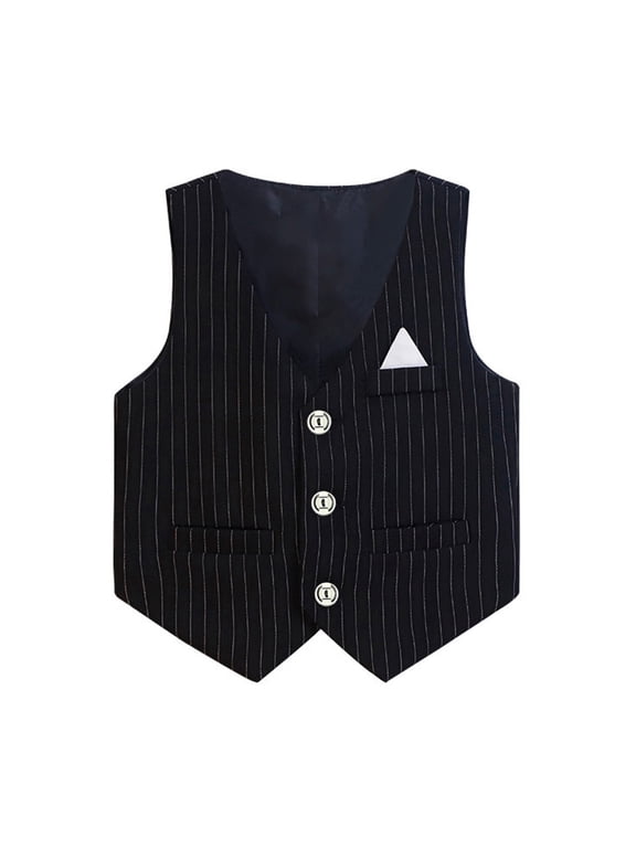 Boys Striped V Neck Formal Suit Vest Single Breasted Waistcoat with Pocket Square Pinstripe Tuxedo Vest for Wedding Party Prom for Kids (Black, 9-10 Years)