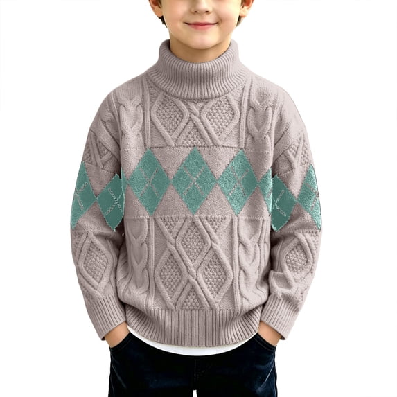 AUDeals Boys Turtleneck Argyle Cable Knit Sweater Pullover Sweater Long Sleeve Knitwear Preppy Casual Layering Top for Daily Wear (Grey, 3-4 Years)