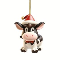 AUDeals ‌Christmas Cow Car Ornament Cute Dairy Cow Rearview Mirror Charm for Car Interior Decorations Acrylic Hanging Pendant Festive Holiday Gift Idea‌
