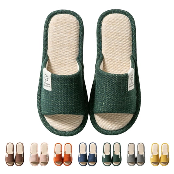 AUDeals Cotton Linen Slippers, Striped House Shoes with Anti Slip Comfort for Indoor Daily Wear (Green, 8-8.5)