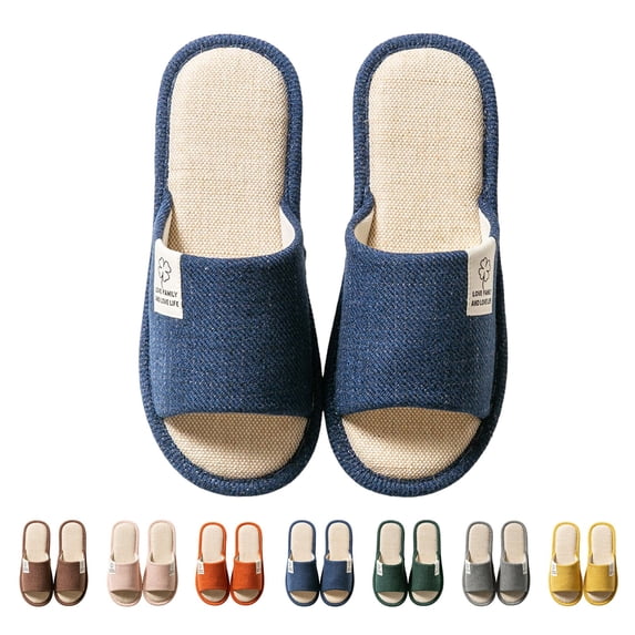 AUDeals Cotton Linen Slippers, Striped House Shoes with Anti Slip Comfort for Indoor Daily Wear (Navy, 8-8.5)