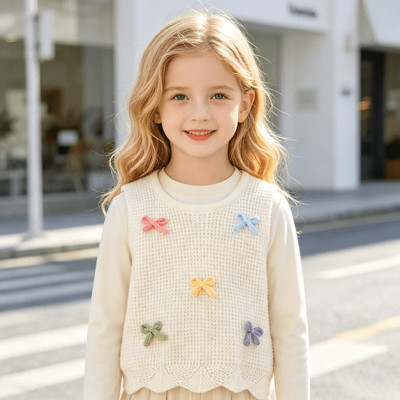 AUDeals Girls 3D Bow Knit Sweater Vest - Round Neck Sleeveless Pullover for Kids Casual Layering Outfit Everyday Wear