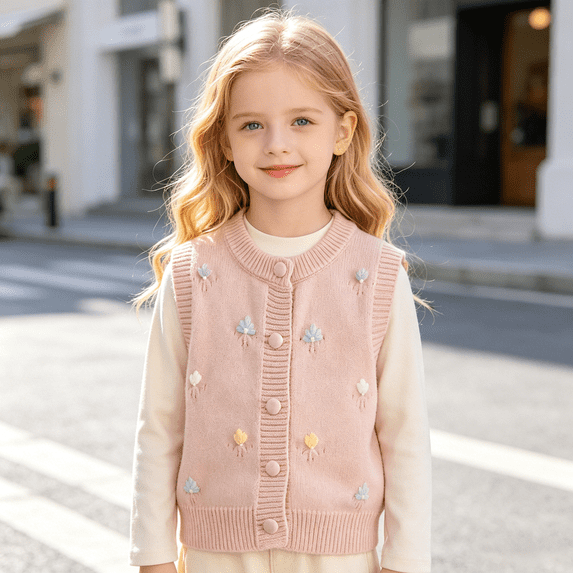 AUDeals Girls 3D Flower Embroidered Knit Sweater Vest - Round Neck Sleeveless Button Front Cardigan for Kids Casual Layering Wear