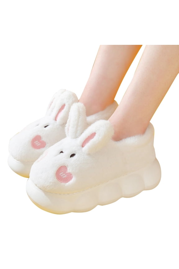 Girls Bunny Slippers Warm Plush House Shoes Fuzzy Non Slip Indoor Outdoor Bedroom Slippers (White, 6.5-7.5)