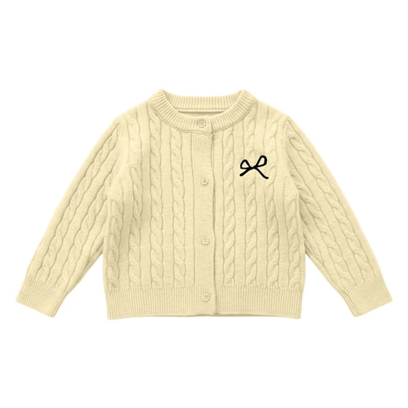 AUDeals Girls Cable Knit Cardigan Crewneck Button Sweater Long Sleeve Cotton Knitted Preppy Fall Ribbed Knitwear Outerwear Sweater Tops (Beige, 5-6 Years)