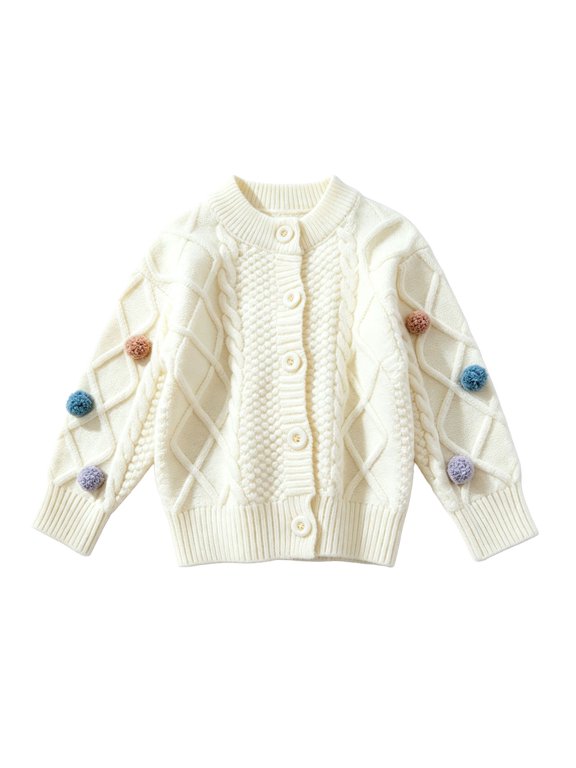Girls Cardigan, Toddler Girls Cable Knit Pom Pom Decor Cardigan, Argyle Pattern Soft Warm Knitted Sweater Jacket for Kids Girls (White, 12-18 Months)