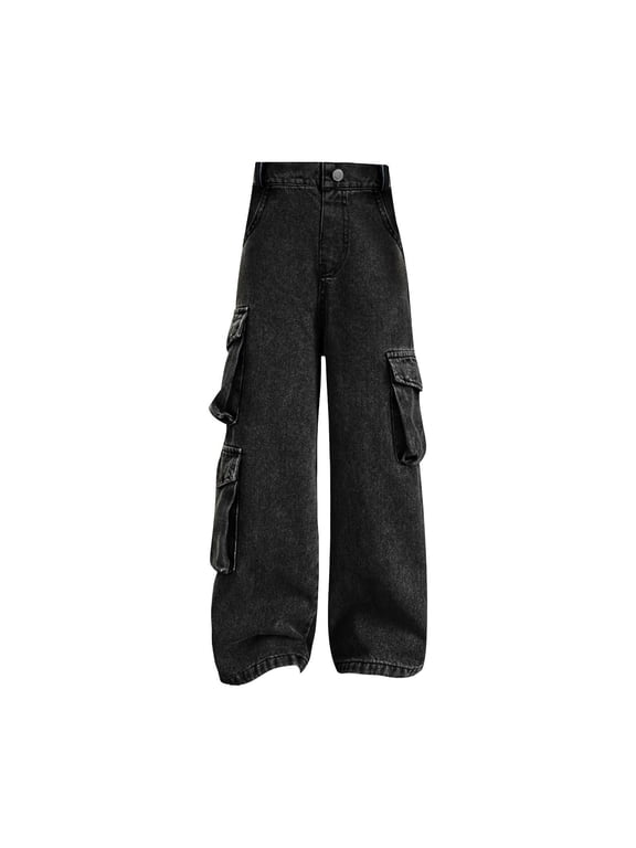 Girls Cargo Denim Pants Elastic High Waisted Wide Leg Baggy Casual Trendy Streetwear Grunge Emo Clothes with Pockets Jeans (A, 10-11 Years)