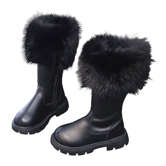 AUDeals Girls Fleece Lined Riding Boots - PU Leather Side Zipper Non Slip Tall Winter Boots for Daily Cold Weather Wear (Black, 3.5-4 Years)