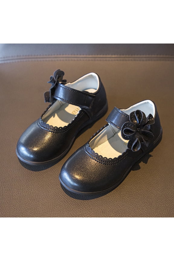Girls Flower Mary Jane Flats - Adjustable Strap Round Toe School Shoes Non Slip Flats for Kids (Black, 3-3.5 Years)