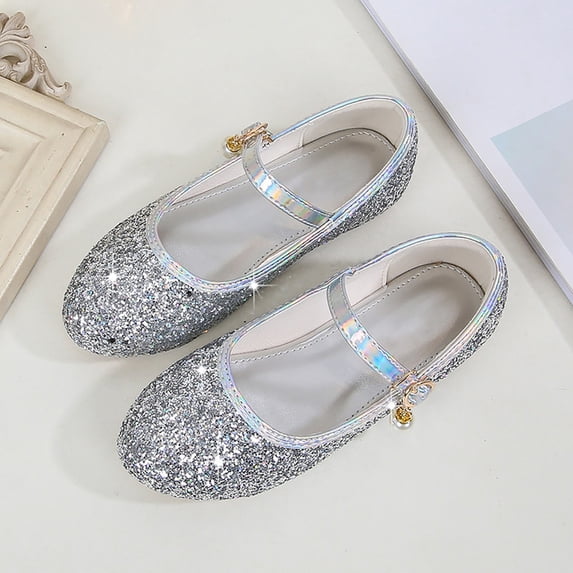 AUDeals Girls Gold Glitter Mary Jane Flats - Pearl Ankle Strap Dress Shoes for Wedding Party Wear (Silver, 9-9.5 Years)
