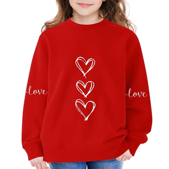 AUDeals Girls Heart Print Sweatshirt - Round Neck Long Sleeve Loose Fit Pullover Top for Kids Spring Fall Casual Everyday Wear