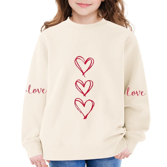 AUDeals Girls Heart Print Sweatshirt - Round Neck Long Sleeve Loose Fit Pullover Top for Kids Spring Fall Casual Everyday Wear