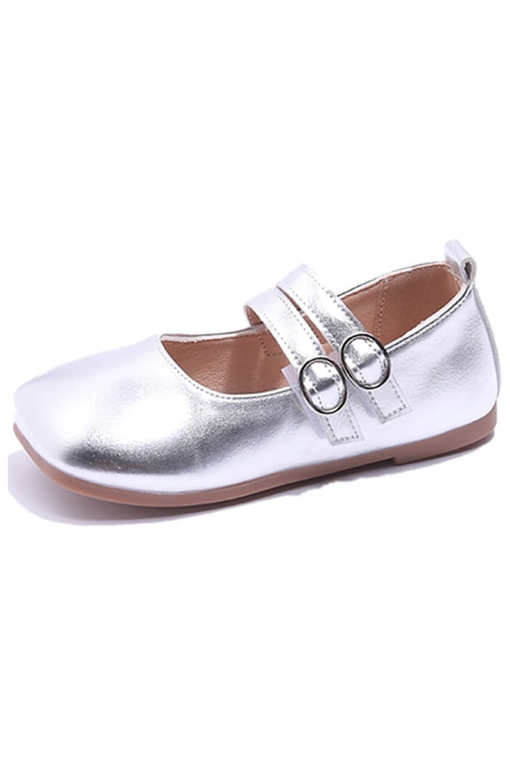 Girls Mary Jane Ballet Flats - Metallic Square Toe Double Strap Shoes with Non Slip Sole for Princess Dress Wear (Silver, 4.5-5 Years)
